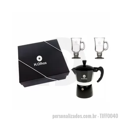 Kit café personalizado - Kit cafeteira contendo: - 01 cafeteira Italiana para 3 cafés, personalizada à laser; - 02 xícaras de vidro Irish coffee 120 ml, personalizada à Laser - 01 caixa de papel rígido para presente, personalização na tampa, caixa com fechamento em elástico.