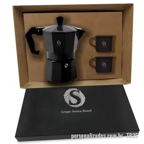 Kit café personalizado - 1 Cafeteira Italiana 2 Xícaras 1 Caixa Duplex