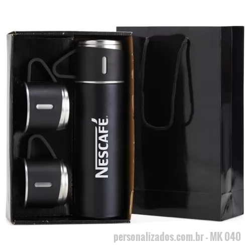 Kit café personalizado - Garrafa térmica de inox parede dupla com 03 canecas em embalagem para presente. Disponível em diversas cores. Gravação da logo  a laser.  Despachamos com frete pago para Sul, Sudeste e Centro Oeste.