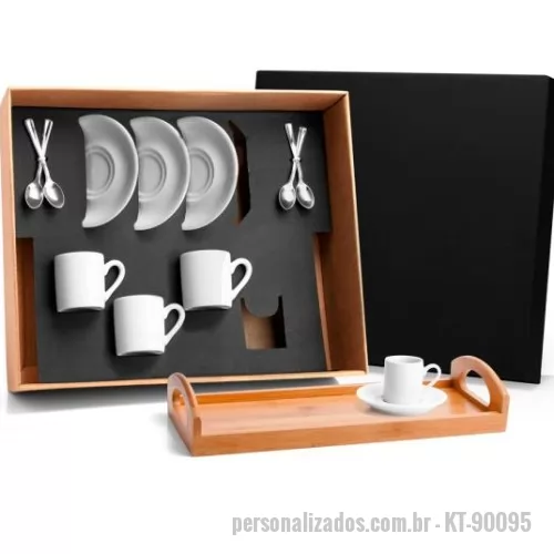 Kit café personalizado - Kit Para Cafezinho - 13 Pçs  Kit para Cafézinho. Composto por bandeja em Bambu; quatro xícaras com pires para cafézinho em porcelana; quatro colherzinhas em Inox. Estão perfeitamente acomodados em uma caixa para presentear.