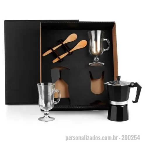 Kit café personalizado - Kit para café. Conta com cafeteira em alumínio, duas colheres em bambu e duas canecas em vidro 240ml cada.