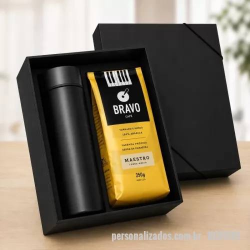 Kit café personalizado - Kit café em caixa de papel com 1 garrafa termica e 1 café gourmet