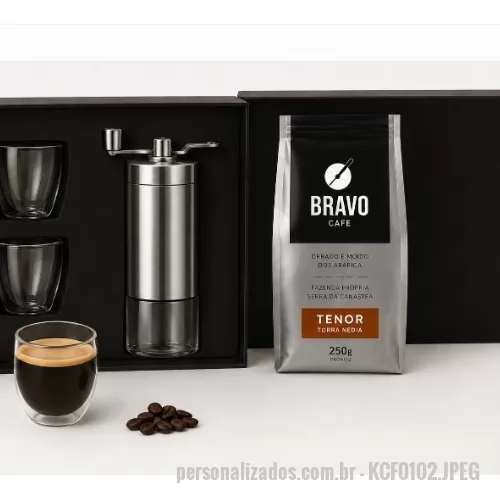 Kit café personalizado - kit café em caixa de papel com copo parede dupla, moedor de café e 1 café gourmet