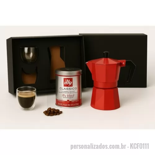Kit café personalizado - Kit em caixa de papel, cafeteira Italiana de 3 doses, 2 copos de vidro duplo de 80ml cada, café premium Illy de 100grs com gravação nos copos, cafeteira e na tampa da caixa.