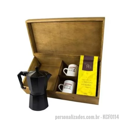 Kit café personalizado - Kit em caixa de madeira , com cafeteira italiana e 2 canecas de 120ml e 1 café gourmet. Gravação nas peças e na tampa da caixa