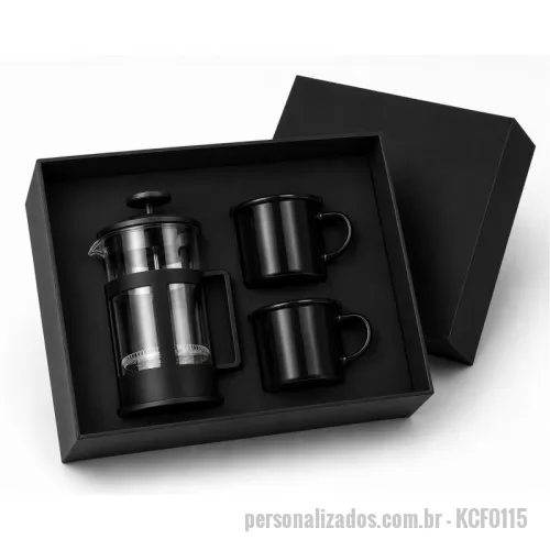 Kit café personalizado - Kit em caixa de papel, prensa francesa com 2 canecas de alumínio. Gravação na prensa, caneca e tampa da caixa
