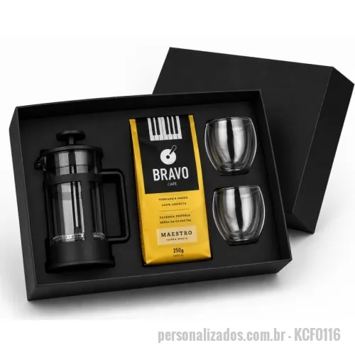 Kit café personalizado - kit café em caixa de papel com 1 prensa francesa, 1 café gourmet e 2 copos de vidro parede dulpa