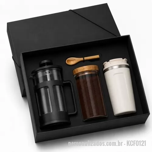 Kit café personalizado - Kit café com 1 prensa francesa, pote para café e copo térmico