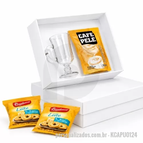 Kit café personalizado - kit capuccino com xícara para capuccino, 1 sachê de capuccino e 2 pacotes de bolachas