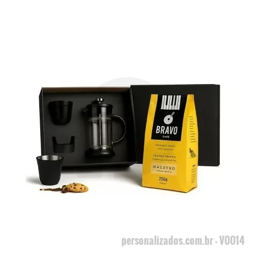 Kit café personalizado - Kit Café Personalizado contendo: cafeteira Francesa de 350ml, 2 copos de inox de 90ml cada, café premium Bravo de 250grs com gravação nos copos, cafeteira e na tampa da caixa