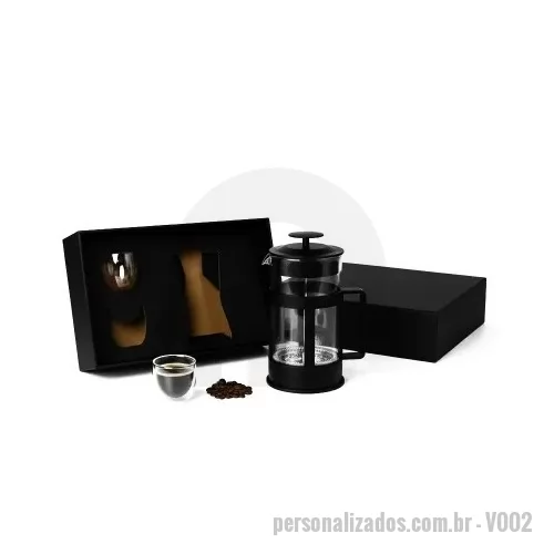 Kit café personalizado - Kit Café Personalizado contendo: cafeteira Francesa de 350ml, 2 copos de vidro duplo de 80ml cada com personalização nos copos, cafeteira e na tampa da caixa.
