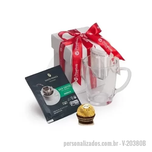 Kit café personalizado - Kit café Personalizado contendo: 1 Caneca Tarsila reta de vidro 300ml 1 Drip Coffee 10g 1 Ferrero Rocher 1 Caixa corte e vinco em papel cartão kraft ou branco com laço 390gr Peso 0,330g / 9.5x10x11.5cm