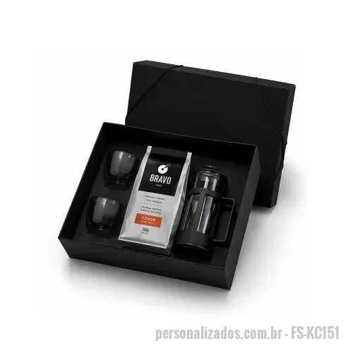 Kit café personalizado - Kit café Personalizado - FS-KC151 - Kit café Personalizado em caixa de papel contendo: 01 cafeteira Francesa de 350ml 02 copos de vidro duplo de 90ml 01 café premium Bravo de 250grs  Com Personalização peças e na tampa da caixa. - 182348 - Kit café