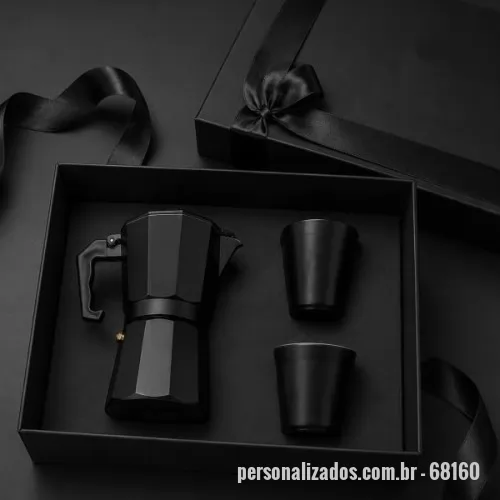 Kit café personalizado - DESCRIÇÃO: 1 CAIXA CARTONADA 35X25X9 + FITA DE ECTIM 1 CAFETEIRA ITALIANA 300 ML 2 COPOS INOX PAREDE DUPLA 150ML