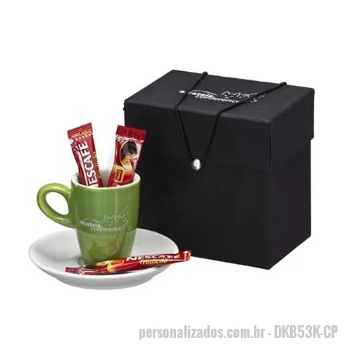 Kit café personalizado - Kit em caixa Color Plus com berço contendo 01 xícara de café Genova Bicolor com pires branco e 03 Sachês de café