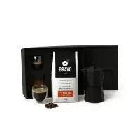 Kit Café Personalizado contendo: Kit em caixa de papel, cafeteira Italiana de 3 doses preta, 2 copos de vidro duplo de 80ml cada, café premium Bravo de 250grs. Gravação a laser nas peças e na tampa da caixa.