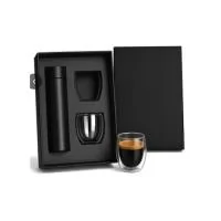 Conjunto para café Personalizado contendo copo de parede dupla e garrafa térmica, acompanha caixa personalizada para acomodação dos itens.