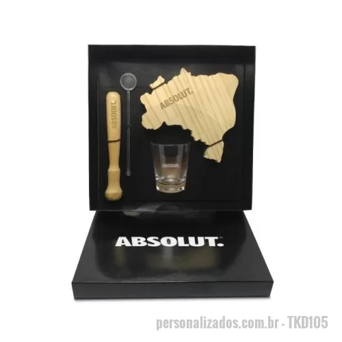 Kit caipirinha personalizado - Kit caipirinha com caixa duplex, tábua de madeira em formato do brasil, copo de vidro, socador de madeira e mexedor de acrílico