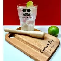 Kit Caipirinha tábua madeira, socador, copo de vidro