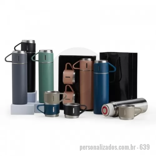 Kit caneca personalizado - Kit garrafa térmica 450ml com duas tampas extras que podem ser utilizadas como xícaras. Garrafa produzida em inox com base antiderrapante e tampas de inox com revestimento plástico. Acompanha sacola de papel com berço de papelão para acomodação das peças.