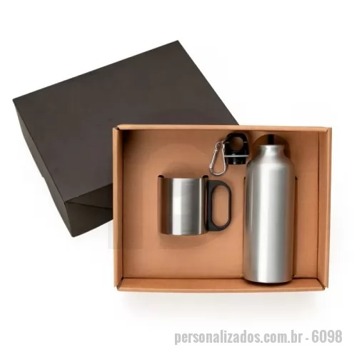 Kit caneca personalizado - Caixa para presente com caneca inox 180ml e squeeze em alumínio 400ml.