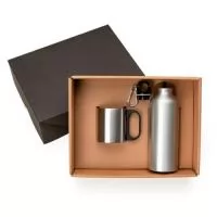 Caixa para presente com caneca inox 180ml e squeeze em alumínio 400ml.