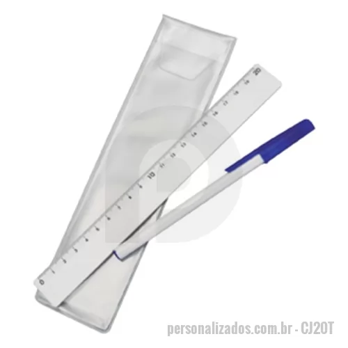 Kit caneta personalizado - Conjunto caneta e régua, estojo em PVC Transparente.