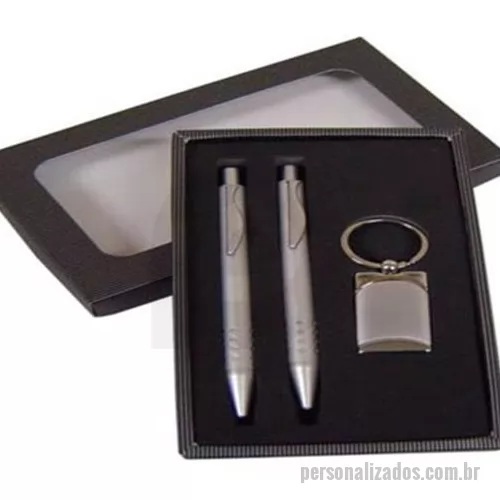Kit caneta personalizado - Kit executivo contendo conjunto caneta e lapiseira personalizado, chaveiro personalizado em metal em embalagem kraft.