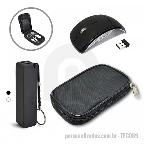 Kit carregador de celular personalizado - Kit portátil com estojo em nylon preto com divisórias. Contém: um carregador portátil USB (Power Bank) e um mouse wireless sem fio.