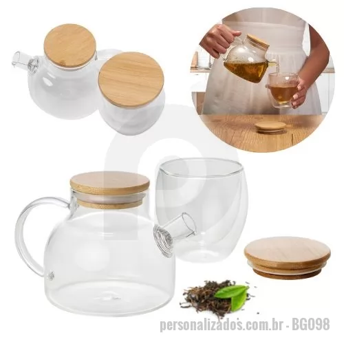 Kit chá personalizado - Kit Chá 2pçs - Bule e Copo em Vidro Borossilicato*. Bule 850ml, Copo 350ml. Com infusor de aço inoxidável e tampa de Bambu. *Borossilicato - Vidro com alta resistência ao calor. (Bule pode ser aquecido diretamente na chama do fogão). Gravação Laser CO2 (nas 2 tampas). Tamanho Bule 11x11 (Diam.) cm | Copo 9x8 (Diam.) cm.