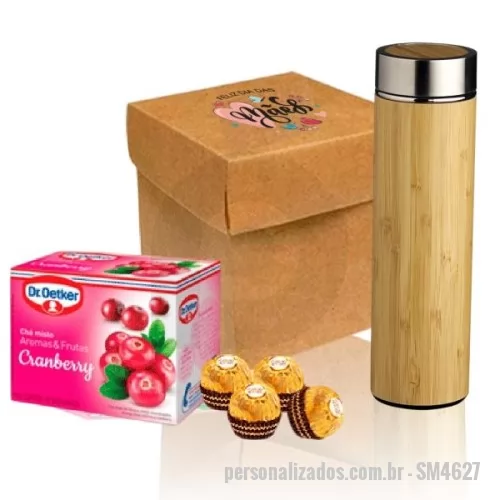 Kit chá personalizado -   O Kit Contem:   Chá Dr. Oetker 4 chocolates Ferrero Rocher Garrafa térmica de bambu e inox com infusor Caixa  ________________________________________________________________  * Consulte quantidade mínima *Confira opções de personalização *Imagem meramente ilustrativa *Na falta de algum item, pode ser substituído, sob consulta, por outro de igual valor e qualidade.   Entre em contato, informe o seu CNPJ Atendimento somente para Empresas