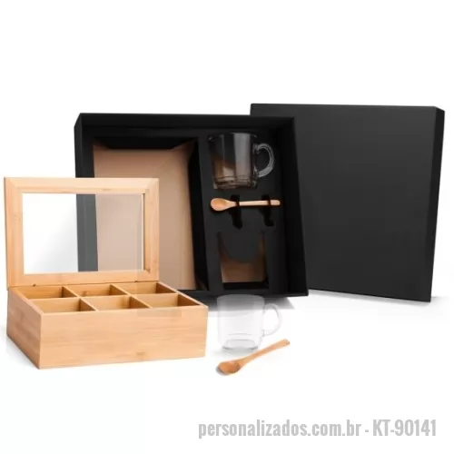 Kit chá personalizado - Kit contendo caixa para chá, duas colheres 13cm em bambu e duas canecas 300ml em vidro. Estão perfeitamente acomodados em uma caixa para presentear.