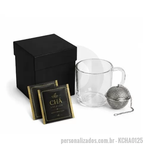Kit chá personalizado - Kit chá com 1 caneca de vidro, 1 infusor e 2 sachês de chá