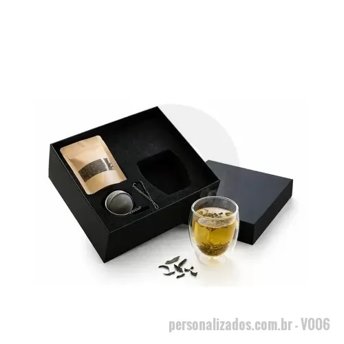Kit chá personalizado - Kit chá Personalizado contendo:1 copo parede dupla, 1 sachê de chá e 4 infusor e 01 caixa de papel para acomodação dos itens