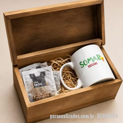 Kit chá personalizado - Kit chá Personalizado - KCHA1334 - kit chá na caixa de madeira com 1 caneca e 3 sachês de chá - 182633 - Kit chá