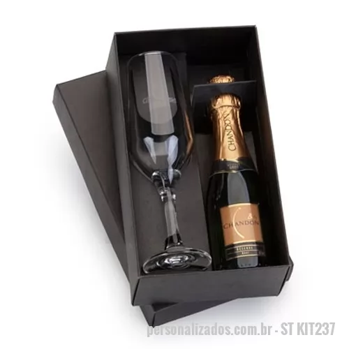 Kit champanhe ou espumante personalizado - Kit Mini Chandon Personalizado, Acondicionado em uma linda caixa personalizada com amplo espaço para divulgação da marca, o kit mini Chandon personalizado é um conjunto composto por um espumante baby Chandon de 187 ml e uma taça. O kit mini Chandon p