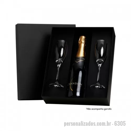 Kit champanhe ou espumante personalizado - Caixa para presente VIP com 02 taças de vidro para champanhe 210ml e espaço para garrafa de 750ml.