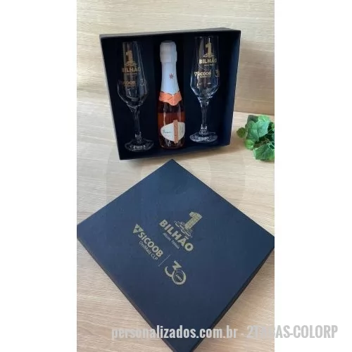 Kit champanhe ou espumante personalizado - KIT 2 TAÇAS VIDRO E ESPUMANTE BABY - CAIXA COLORPLUS