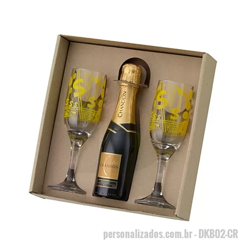 Kit champanhe ou espumante personalizado - Kit de champanhe em caixa craft com berço contendo 02 Taças Gallant e 01 Espumante Baby