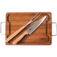 Kit churrasco com tábua em teca mais faca e garfo Tramontina. Tábua, cabos e embalagem confeccionados com material 100% oriundo de reflorestamento. Gravação da logo a laser na tábua e na faca. despachamos com frete pago para todo o Brasil.