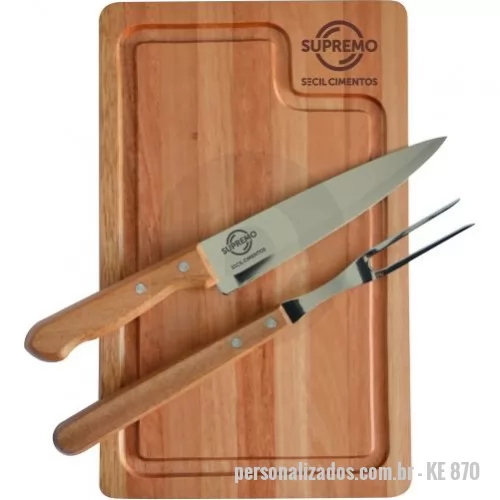 Kit churrasco personalizado - Kit churrasco com tábua fabricação local mais faca e garfo Tramontina linha Dynamic. Gravação da logo a laser na faca e na tábua. Acompanha embalagem para presente. Um produto útil, de ótima qualidade e extremamente durável. garantindo a visualização da sua marca por muitos e muitos anos. Despachamos com frete pago para Sul, Sudeste e Centro Oeste.