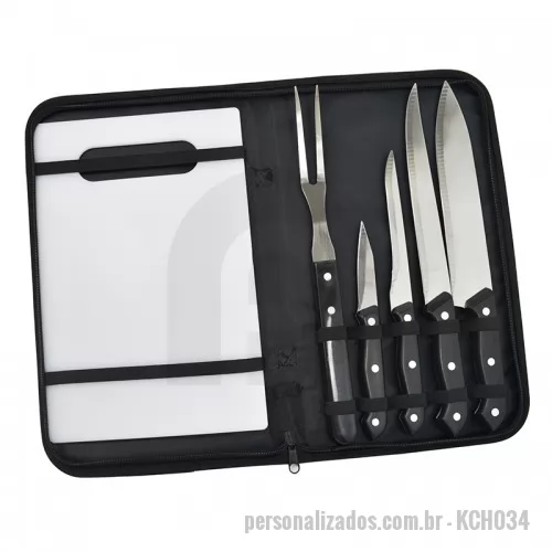 Kit churrasco personalizado - Kit churrasco com estojo. Contém 5 peças em inox com detalhe plástico. Acompanha uma tábua de corte. Itens acondicionados em estojo resistente fechado com zíper. Versátil, inclui todas as peças apropriadas para fazer um bom churrasco. Consultar tipos opções de gravação.