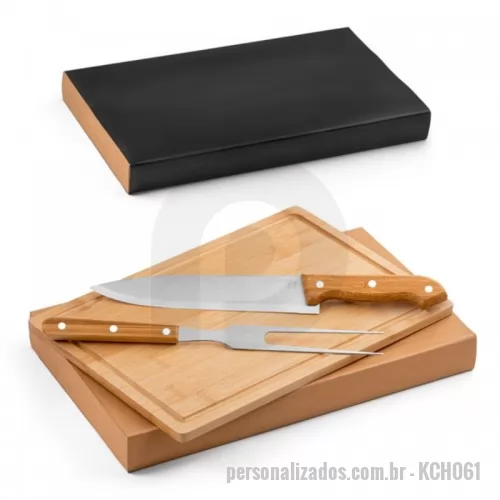 Kit churrasco personalizado - Ótima opção para brinde final de ano e brindes corporativos. Kit churrasco 2 peças  aço inox e bambu, 1 faca e 1 garfo, tabua em caixa kraft.