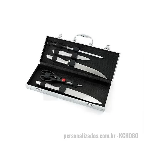 Kit churrasco personalizado - Kit Churrasco 3 Pçs em Inox com Maleta. Contém: 1 Maleta Alumínio, 1 Pegador, 1 Faca e 1 Garfo tudo em metal INOX.