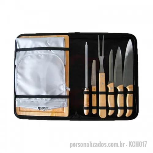 Kit churrasco personalizado - Kit churrasco com 8 peças em cabo de madeira. Acompanha avental e tábua de madeira. Gravação a laser.