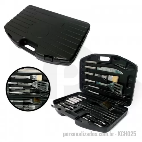 Kit churrasco personalizado - Kit Churrasco com maleta em plástico e 18 peças Inox com cabo plástico de alta qualidade. Contém: faca, garfo, espátula, pincel, pegador, escova para limpeza, espetos e petisqueiras. Consultar tipo de gravação.