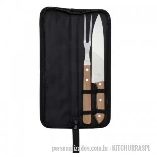 Kit churrasco personalizado - Kit churrasco 2 peças com estojo, contém faca e garfo. Estojo com alça para transporte e área interna com elástico de fixação para os utensílios.