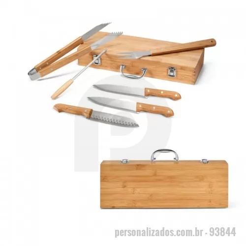 Kit churrasco personalizado - Kit churrasco em estojo de bambu. Composto por 6 peças em aço inox e bambu: faca chefe, faca média, faca japonesa, pinça, garfo e afiador. Certificação EU Food Grade. Estojo: 455 x 160 x 65 mm