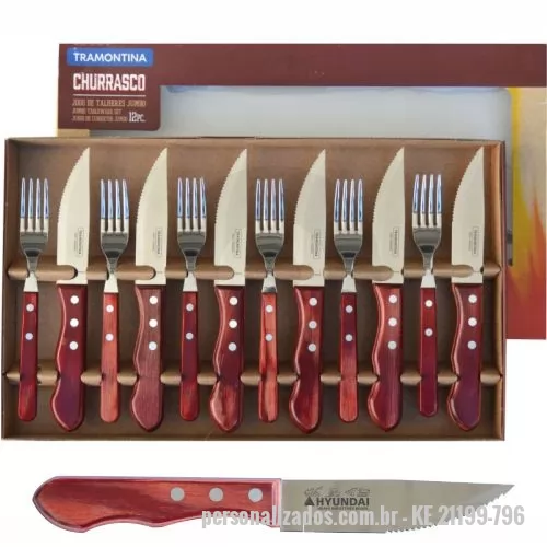 Kit churrasco personalizado - Kit churrasco Tramontina em Polywood modelo jumbo. Gravação da logo a laser na lâmina das 06 facas. Um presente tradicional, útil e extremamente durável, garantindo a visibilidade da sua marca por muitos anos.