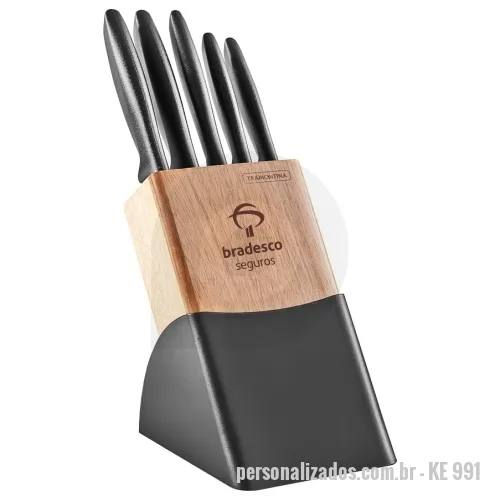 Kit churrasco personalizado - Cepo para facas Tramontina contendo 04 facas cabo de polipropileno e um garfo trinchante. Gravação indelével da logo a laser no cepo e na faca de 7”. Um presente útil e durável, garantindo a visibilidade da sua marca por muitos anos. Despachamos com frete pago para regiões Sul, Sudeste e Centro Oeste
